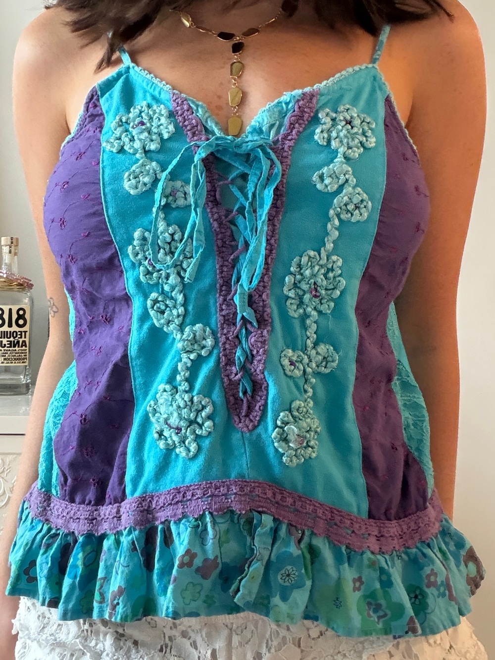Vintage O.P.C. Embroidered Floral Ruffle Cami Top